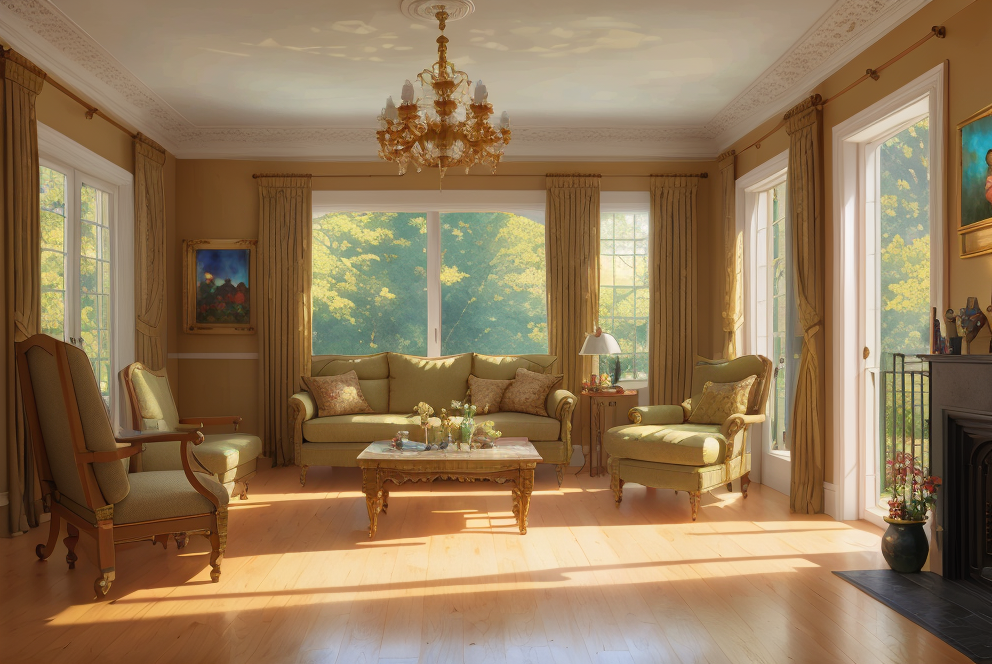 (Painting:1.3) of archmagazine 3d render of a living room interior, no humans, curtains, window, indoors, living room, sce...